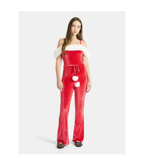 No Boundaries Santa Off-Shoulder Velour Jumpsuit Women  s Red Size Small 