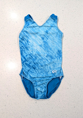 GREAT GK ELITE CM Medium gymnastics dance leotard SEQUINS Blue White WATERCOLOR
