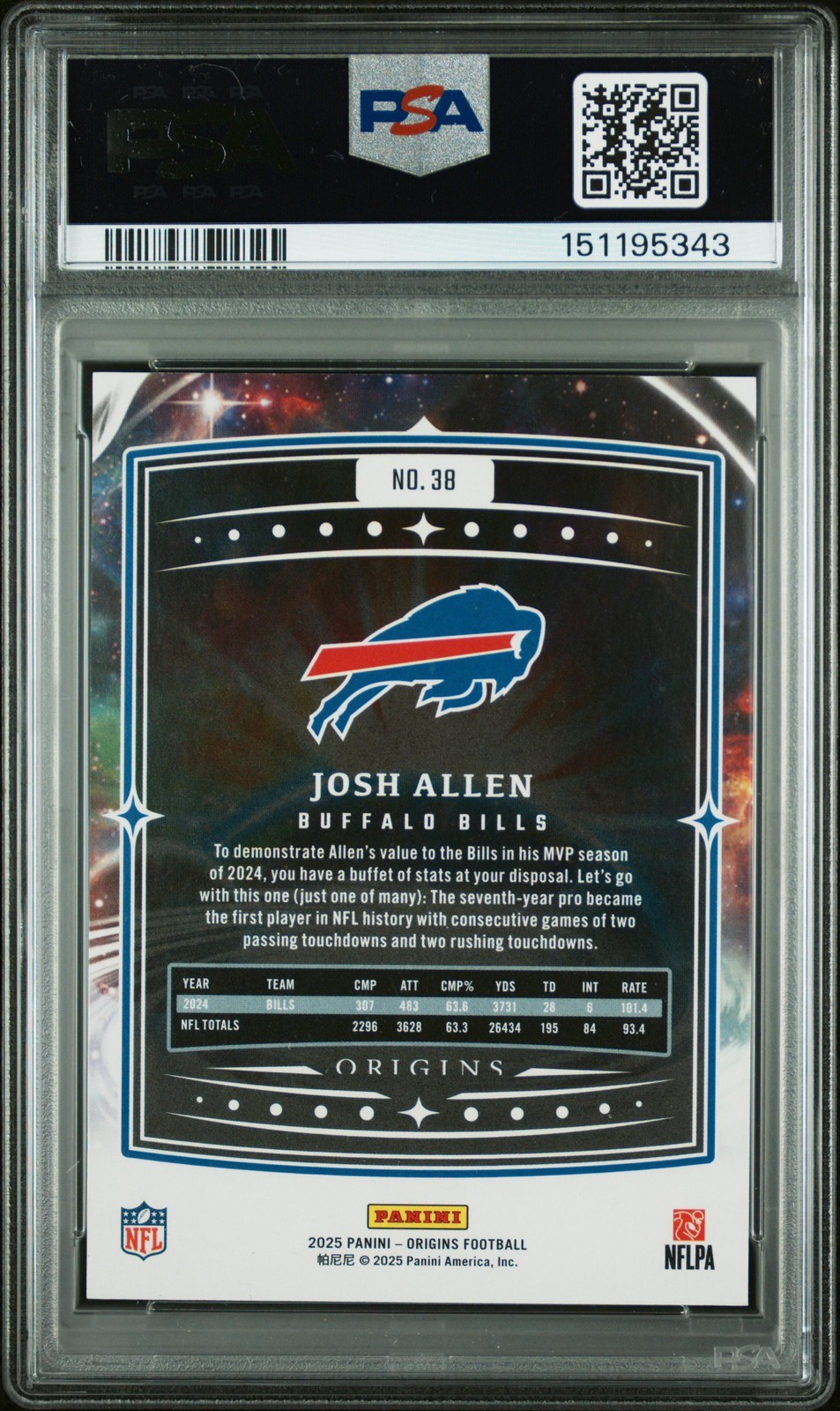 2025 PANINI ORIGINS ORANGE #38 JOSH ALLEN 15/149 PSA 9 view 2
