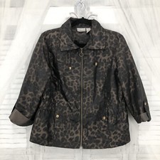 Chicos Size 1 Medium Brown Jacket Animal Print Zip Up 3/4 Sleeve Pockets B50