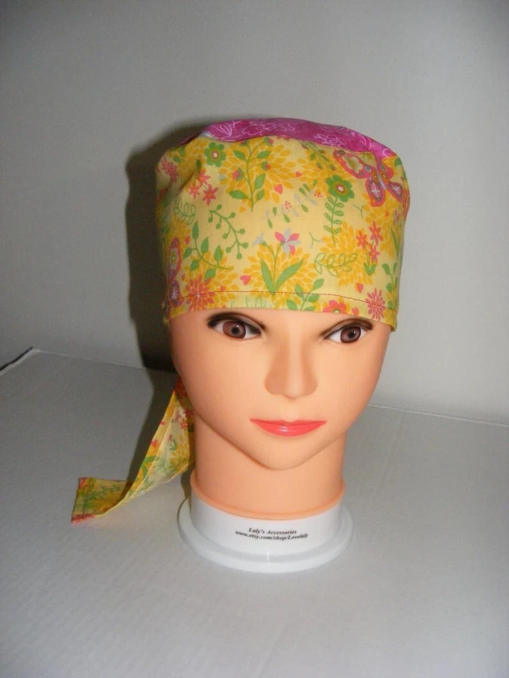 Scrub Surgical Cap Doctor Nurse Hospital Yellow/Pink Handmade Ships Free - Image 3 of 4