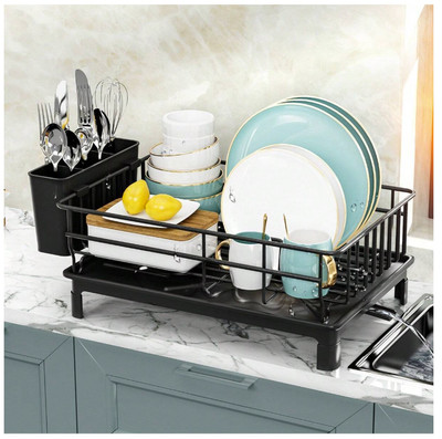 Dish Drying Rack With Utensil Holder And Drainboard , Space Saving Dish Rack