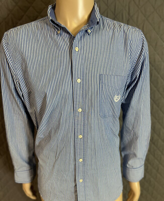 CHAPS Men's Shirt Size Large Striped Blue Button Down Long Sleeve Front Pocket