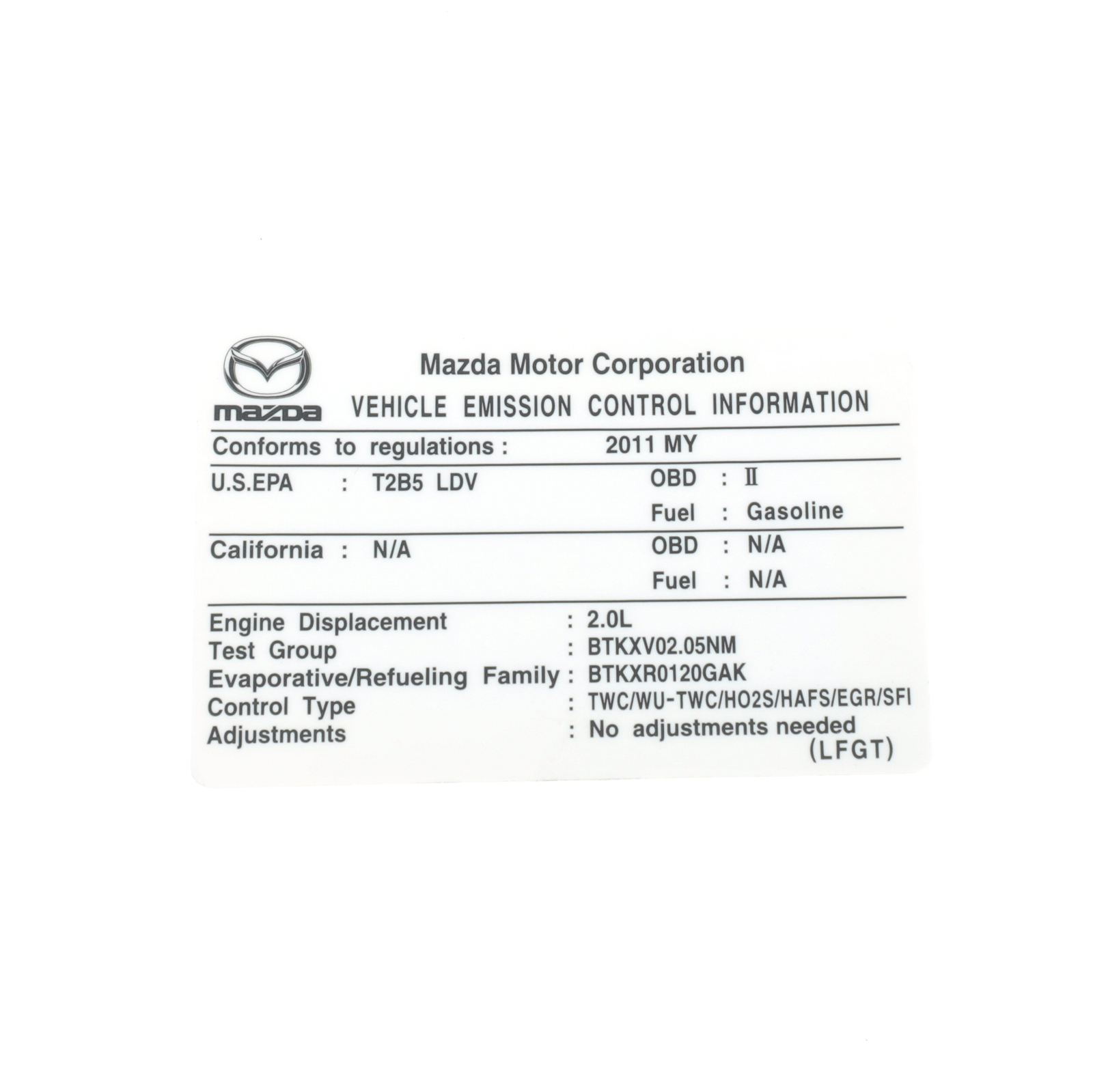 Etiqueta de información de control de emisiones del vehículo para Mazda 2011 Mazda3 (N/P LFGT-69-036)
