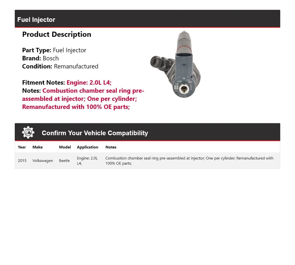 Inyector de combustible Bosch para Volkswagen Beetle 2015 2,0 L L4 Foto 2 de 4