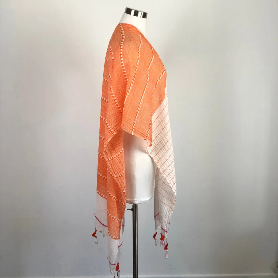 MerSea Mer Sea Naranja Blanco Algodón Claro Mantón Poncho Borlas de Encubrimiento Talla Única Foto 2 de 4
