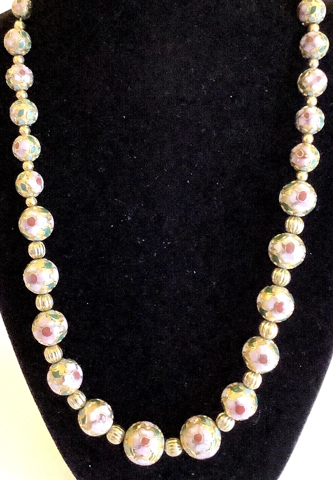 Cloissone Halskette Vintage ROSA/HIMBEERE Blüten Graduate GOLD VERGOLDET Perlen 50er Jahre