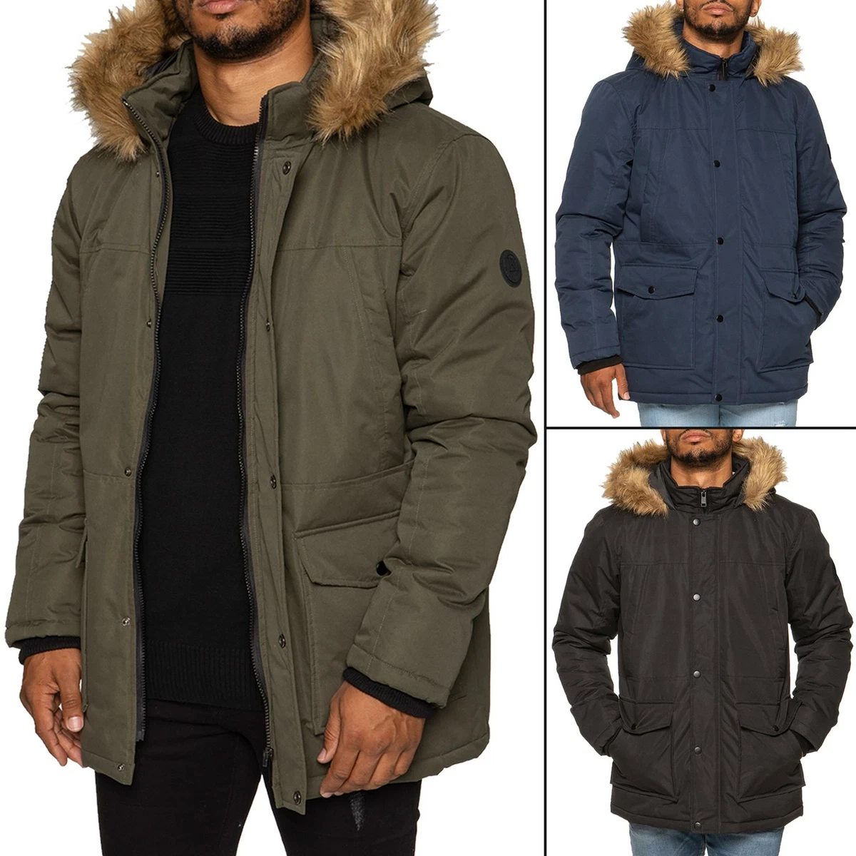 Mens Parka Jacket Faux Fur Trimmed Hooded Winter Warm Long Padded Outerwear  Coat