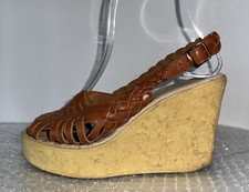 Vtg 70s 80s Size 6 Platform Wedge Heel Huarache Shoes Sandals SBICCA Made In USA