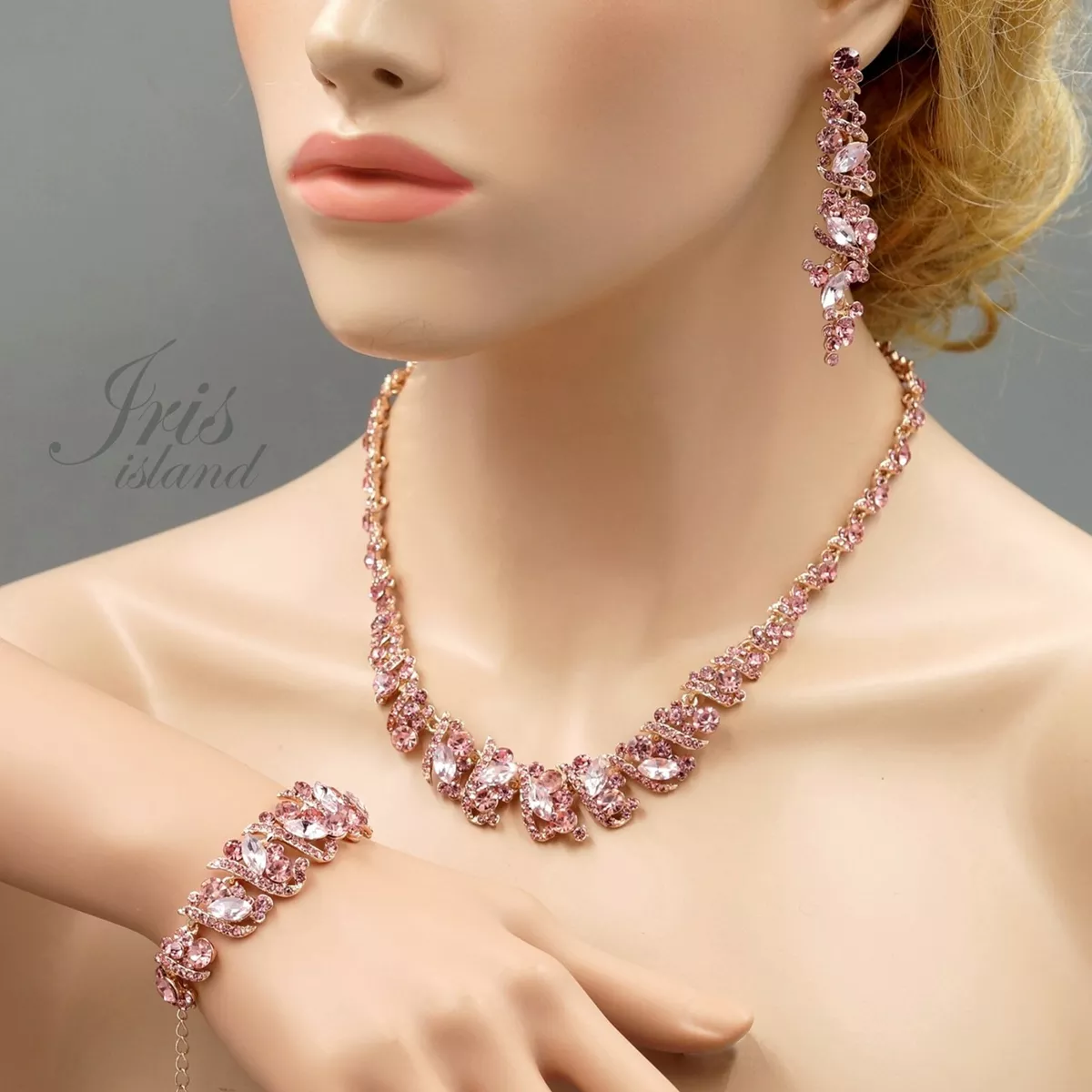 Rose Gold Two Row Rhinestone Necklace and Earring Jewelry