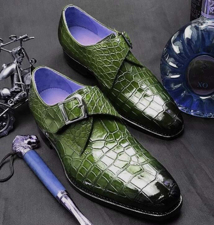 Handmade men green monk shoes, men crocodile textured dress shoes, formal  shoe
