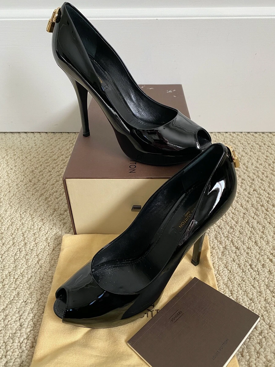 Louis Vuitton Oh Really Black Patent Gold Lock Platform Peep Toe Pumps 36.5  6.5