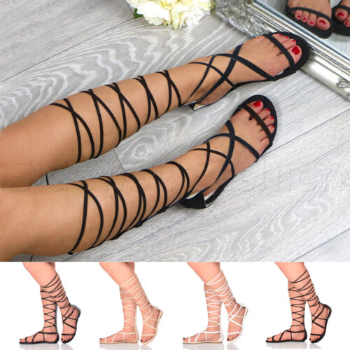 Womens ladies flat tie up lace up wrap around strappy knee high sandals size - Picture 1 of 6