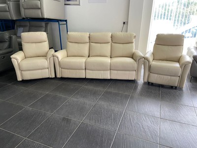 Furniture Village Piccolo Compact Beige Leather 3 Seater Sofa Armchairs Recliner Furniture Village Piccolo Compact Beige, Silver Grey Leather Sofas Furniture Village