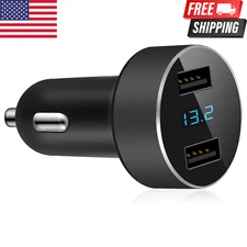 Dual USB Car Charger 4.8A, 12V 24V Adapter Plug with Voltage Display, Black