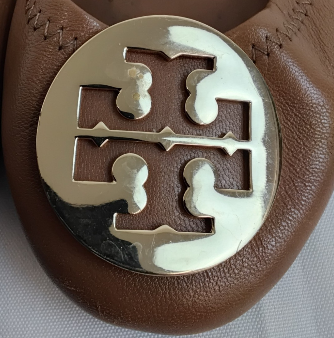 Tory Burch Reva Ballet Flats Women's 7 Brown Leather w/ Gold Elastic Back #Z5060 thumbnail 5