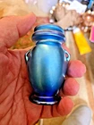 L.C. TIFFANY BLUE FAVRILE 3 1/4" SIGNED HANDLED  MINIATURE VASE 1006 85L-RARE