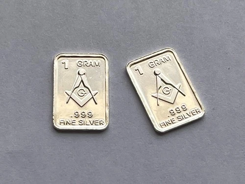 (2) One Gram Masonic Silver Bars - .999 Fine Silver Bullion 1g Each - Ships Free