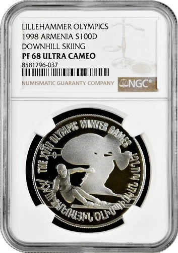 Armenia 100 dram 1998, NGC PF68 UC, "Lillehammer Olympics, Skiing" Pop 1/1