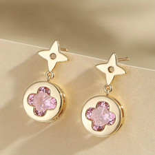 Gold Plated Clover Star Earrings CZ Pink Crys...