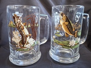 Pair of Vintage Old Style Beer Collector Series Fish Mugs Northern Walleye