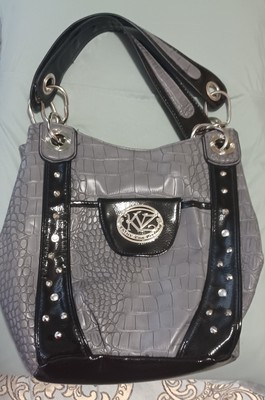 Kathy Van Zeeland Handbag Gray Crocodile Pattern With Black and Silver Accents