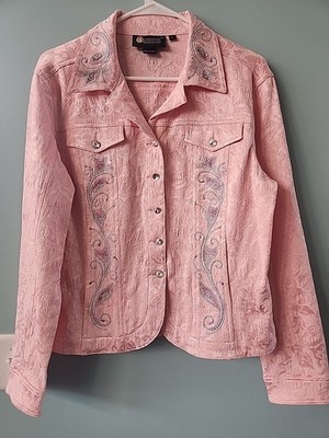 Christine Alexander Swarovski Crystals Studs Pink Scroll Damask Jacket Wms L EUC