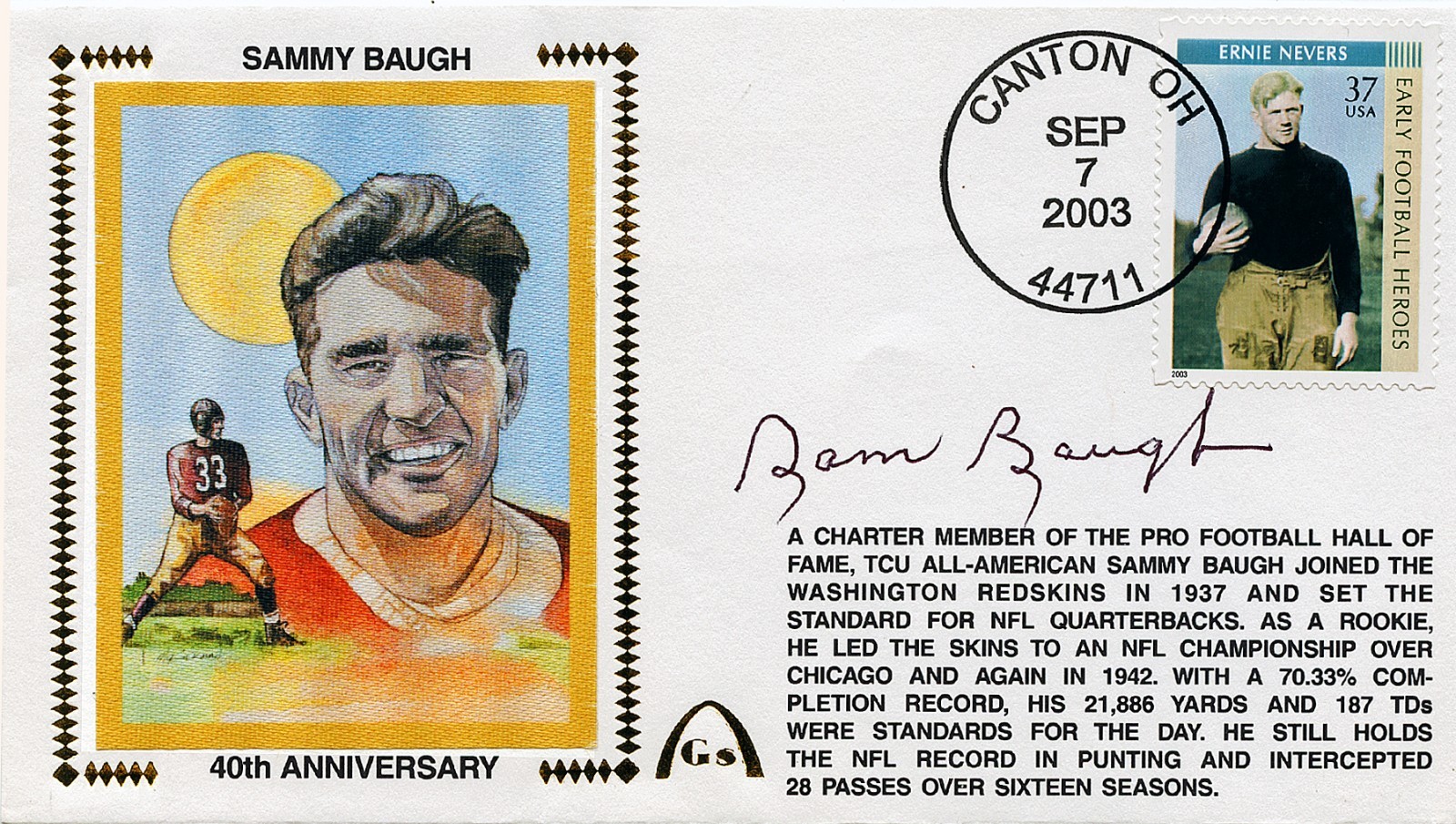 2003 Sammy Baugh Signed "40th Anniversary" Cache Canton OH HOF Redskins PSA/DNA 
