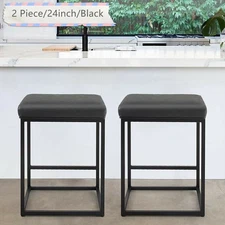 24" Bar Stool Counter Height Bar Chair Set of 2 PU Leather Dining Chair Black