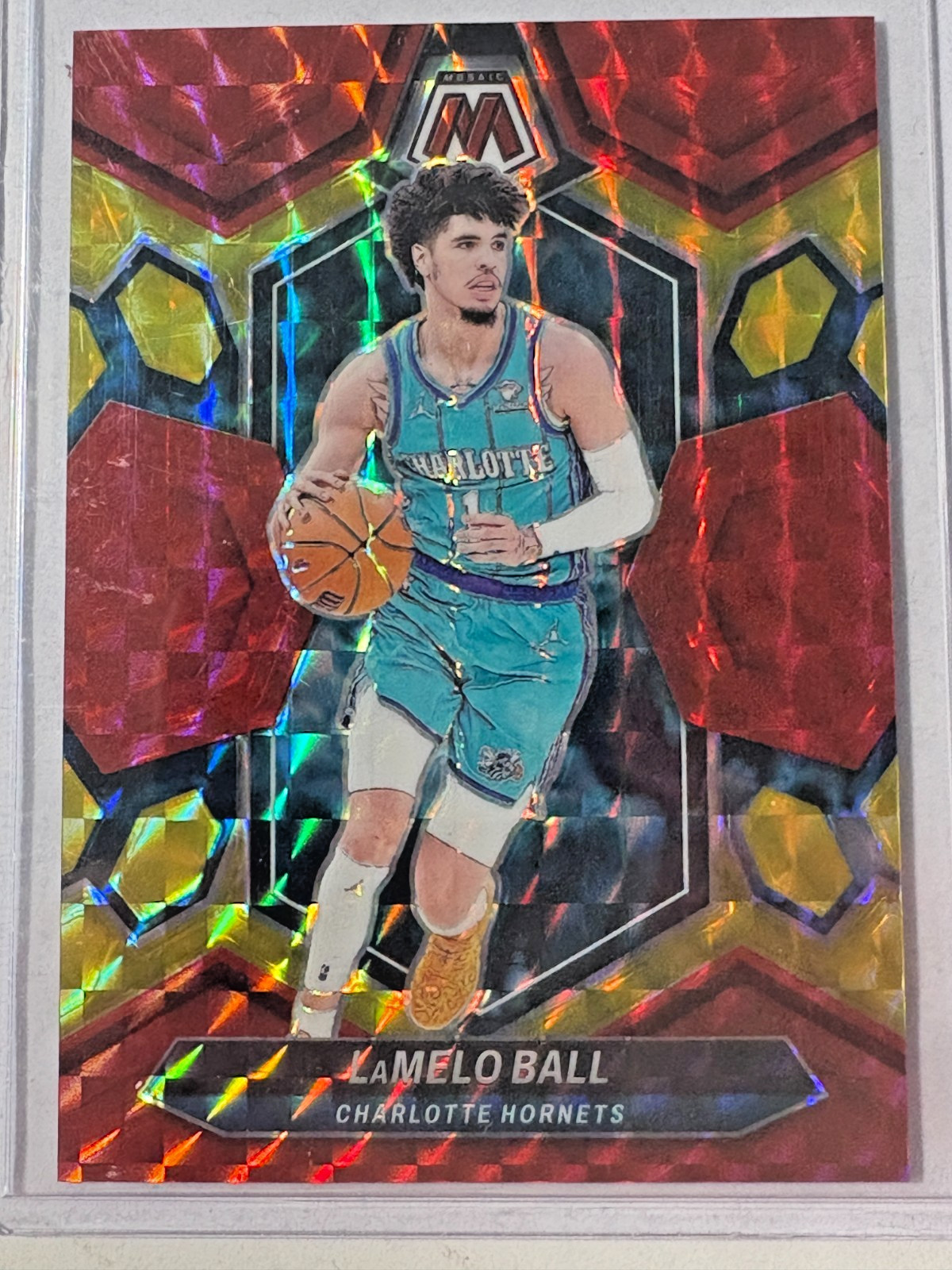 LaMelo Ball 2023-24 Panini Mosaic Mosaic Choice Fusion Red & Yellow #122 /75