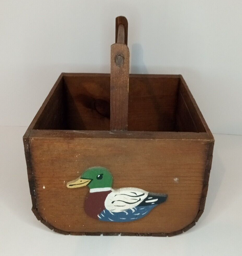 Wooden Basket w/ Duck Designs On The Ends VTG Handmade 9"x8"x5.5" Decorative - Picture 6 of 8