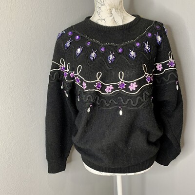 VTG 80's WESTERN CONNECTION  Black & Purple Gems Beaded Sz Medium