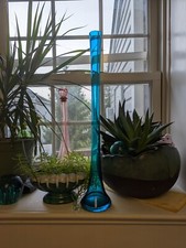 Tall Vintage 19.5" MCM Vibrant Turquoise Blue Glass Flower Vase Table Decor