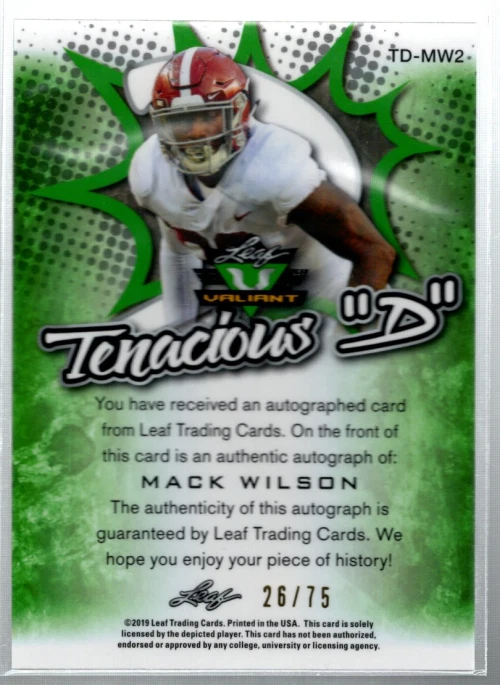 B3103- 2019 Leaf Valiant Tenacious D Green #TDMW2 Mack Wilson Auto /75 - NM-MT - Image 2 of 2