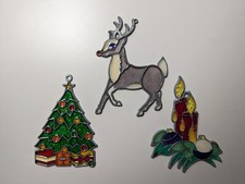 Lot of 3 Vintage Stained Glass Suncatcher Ornament-Rudolf Christmas Tree Candles