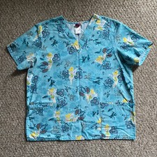 Disney Scrub Top Womens Large L Tinker Bell Blue Short Sleeve V Neck AOP Paisley