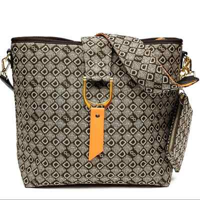 Monogrammed Jacquard Handbag with Detachable Wallet Set Canvas Tote Wide Strap