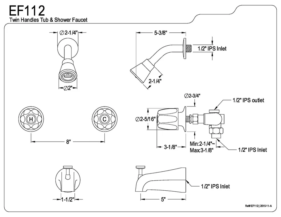 Kingston Brass EF112 2-Handle Tub & Shower Faucet, 5', Polished Chrome - Image 2 of 2