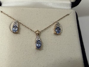 10k YG Petite Blue Lavender Tanzanite Diamond Pendant Pierced Earring Set 18”
