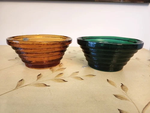 Blenko, Stepped Pyramid Glass Bowls, 2, Amber and Green, 6.5", Mint