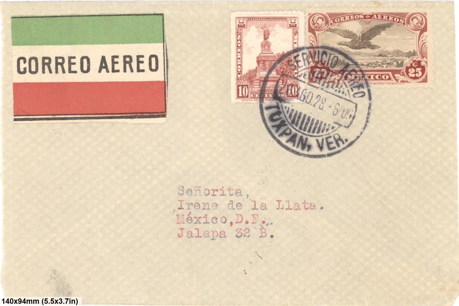 Mexico 1928 Airmail Cover Tuxpan Veracruz To Mexico City Servicio Aereo