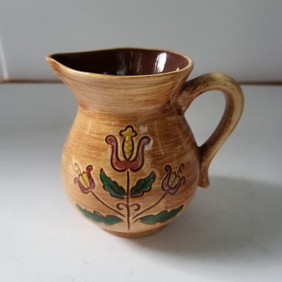 Vintage Pennsbury Pottery Creamer Pitcher Tulip Floral Design Brown Clay Handle