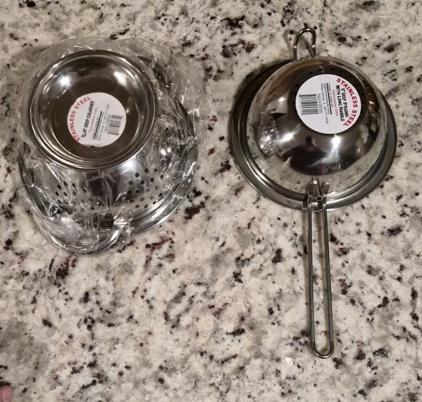 2 Items: 6 Inch Deep Stainless Steel Strainer W/handle And 3/4 Deep  Colander 