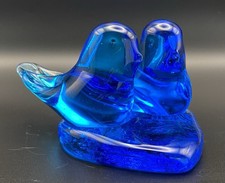 Vtg Double Blue Bird of Happiness Glass Heart Signed Leo Ward 1997