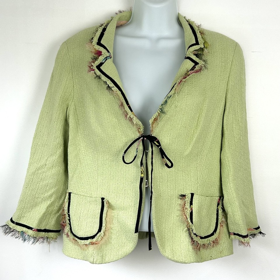 Anthea Crawford Vintage Silk Jacket sz 12 Green Fringed Art To Wear Y2K Artsy 90