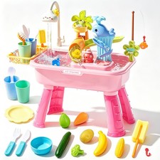Pink Toddler Water Table with Automatic Water Cycle and Fishing Kitchen
