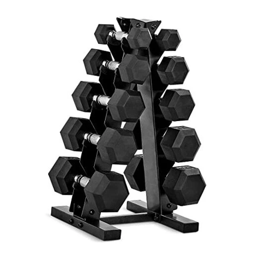 Rubber Coated Hex Dumbbell Set with Storage Rack | 150 lb - Set Chrome Handles