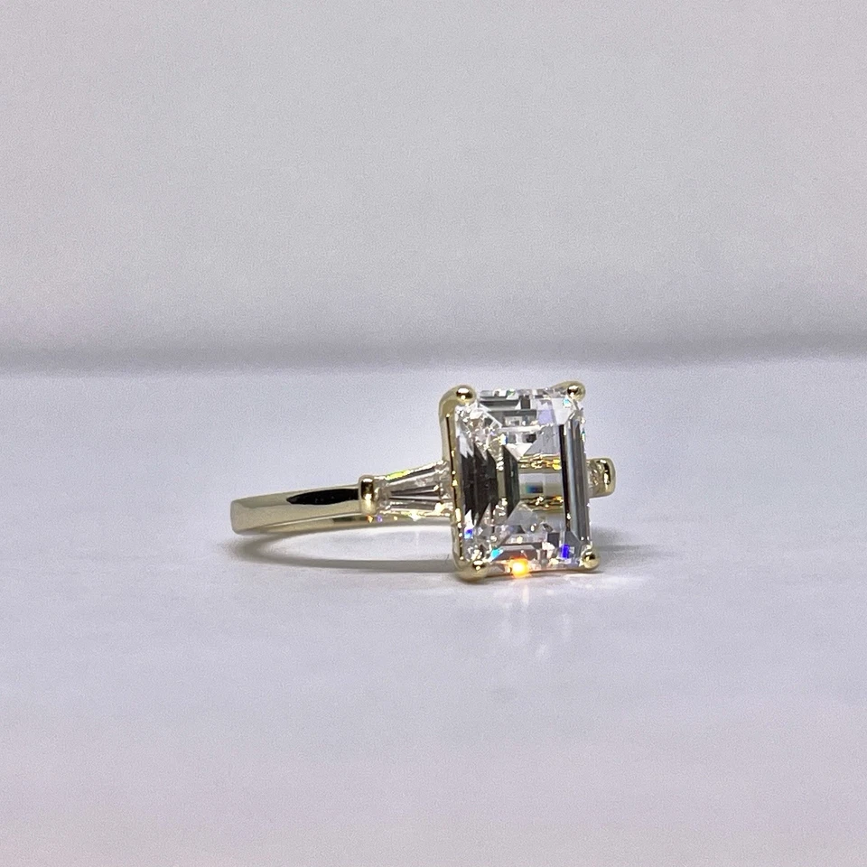 3 Stone Emerald Cut Simulated Diamond Engagement Ring 925 Sterling Silver - Image 3 of 4