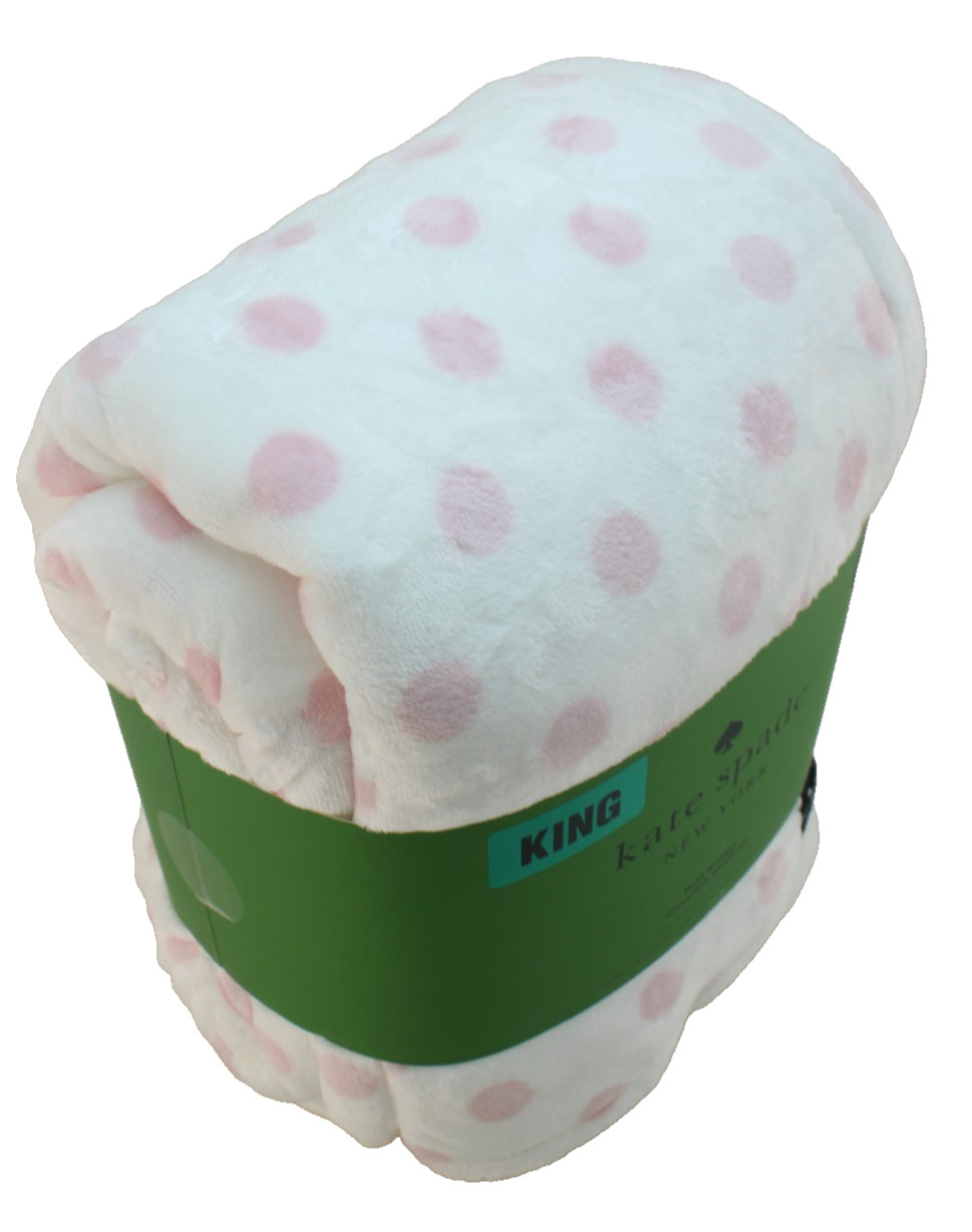 KATE SPADE King Size 112" x 92" Pink / White Polka Dot /Badge Logo Plush Blanket thumbnail 8