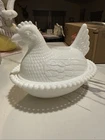 Vintage Indiana Milk Glass Hen On Nest Stippled Base Slotted Beads Candy Dish